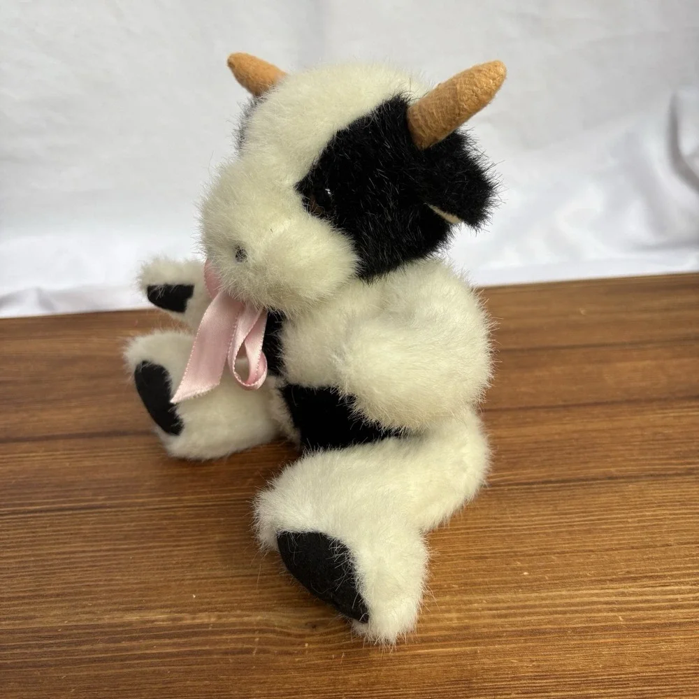 Vintage 1993 Mary Meyer Bean Bag Cow Plush Black White Pink Ribbon Stuffed
